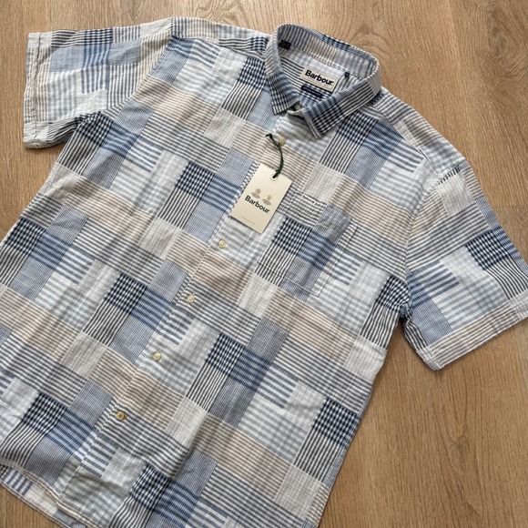 Barbour Other - Barbour Oakshore Summer Shirt Mens L Sky Blue Tan Patchwork Plaid 100% Cotton